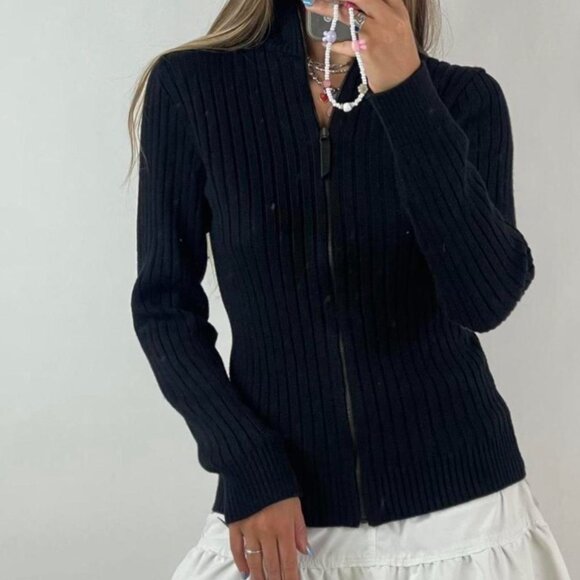Vintage Dolce and Gabanna D&G Black Ribbed Knit Sweater Zip Jacket - Picture 1 of 4
